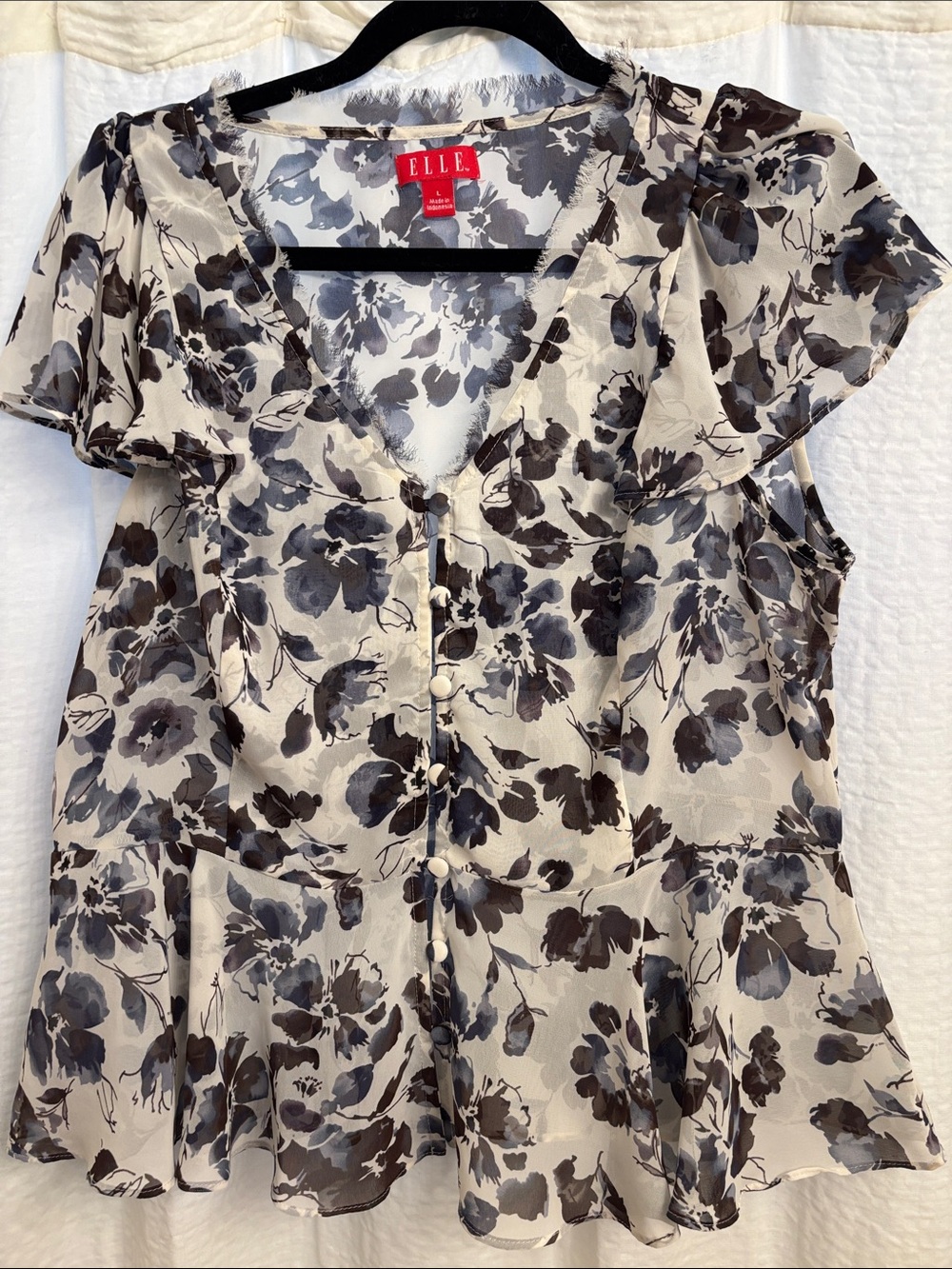 ELLE Cream and Black Floral V-Neck Button Blouse